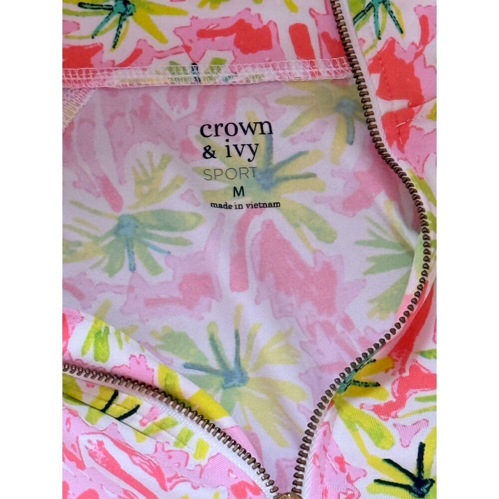 Crown & Ivy Sport Floral Quarter Zip Pullover Medium Pink Green Golf Preppy - Picture 2 of 2